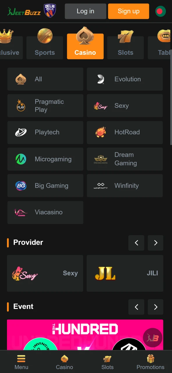 The JeetBuzz casino interface with access to slots and table games.